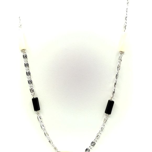 Sterling Silver Snail Chain with Black and White Rectangles 20" - Picture 3 of 5